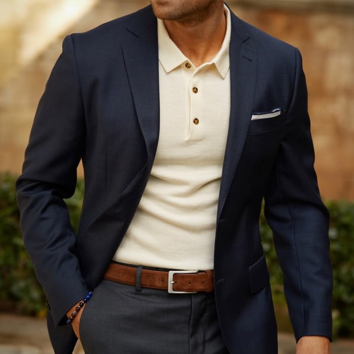 áo polo trắng với blazer xám