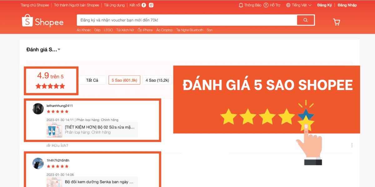 Ví dụ một vài đánh giá trên shoppe